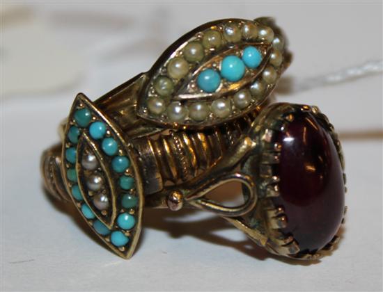 2 Victorian gold, turquoise and seed pearl rings and a similar amethyst cabochon ring